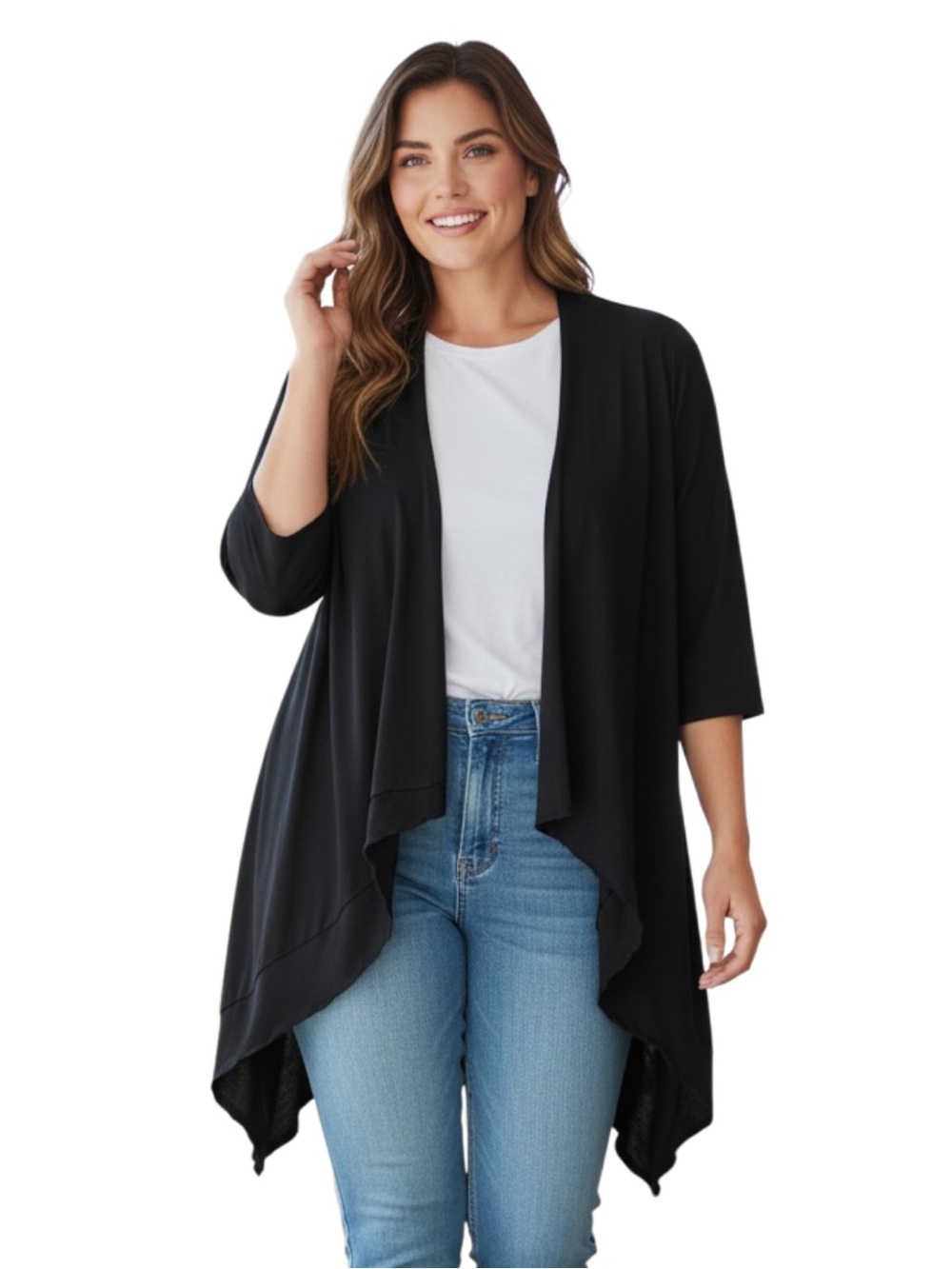 24Seven‎ Comfort Apparel Open Front Elbow Length Sleeve Cardigan, Black, Size 1X